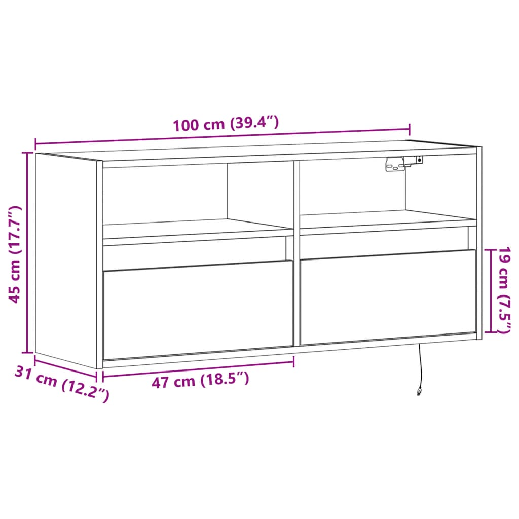 Wall Mounted TV Cabinet with LED Lighting Smoked Oak Finish 100 x 31 x 45 cm
