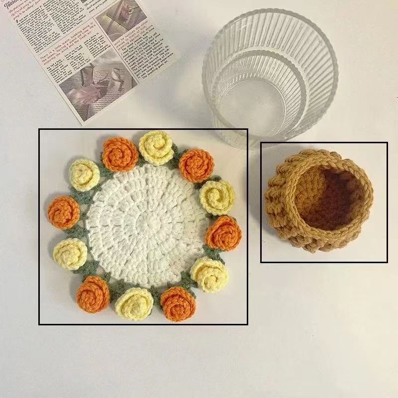 Handmade Crochet Rose Flower Coaster Set Heat-Resistant Cup Mats for Home Decor DIY Mother's Day Gift Eco-Friendly