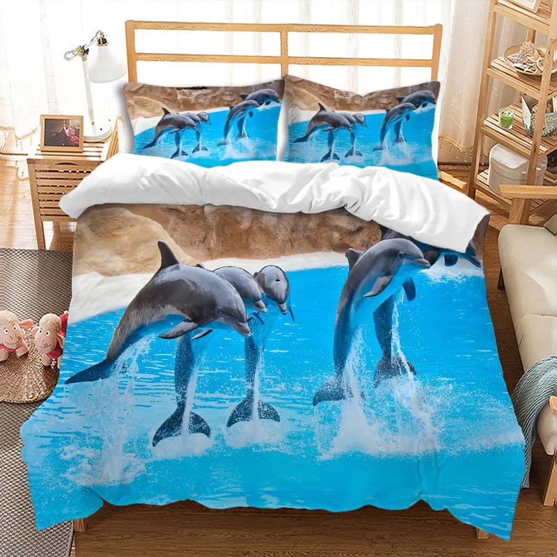 Comforter Dolphin Cute Jumping Dolphins Bedding Set Microfiber Marine Animals Comforter With 2 Pillow Sham Twin King