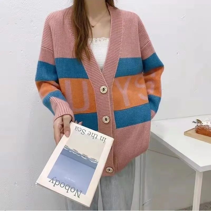 Fashionable Knitted Cardigan for Women Artistic Color-blocked Letter Sweater Cardigan Korean-style Loose Top Outerwear