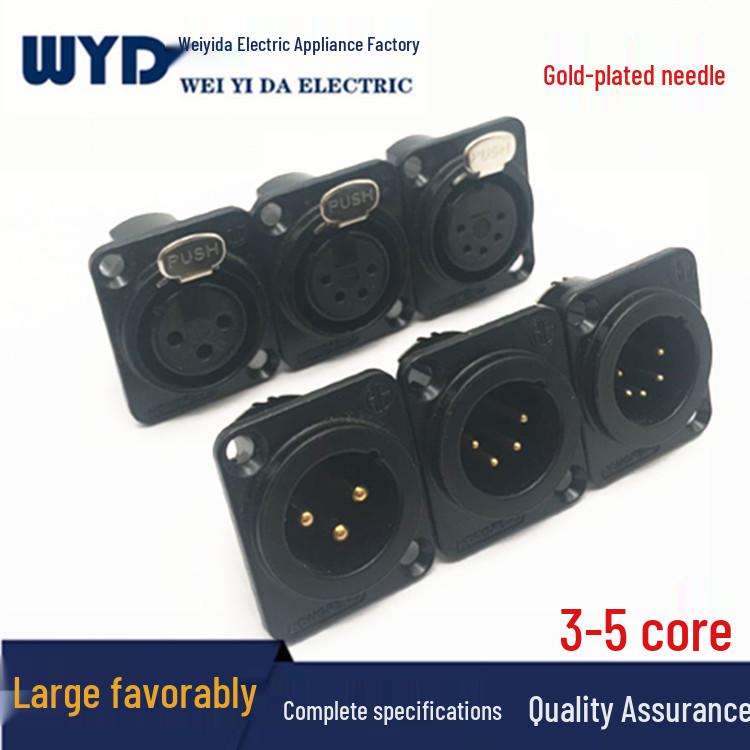 Gold-Plated Black Metal XLR Socket: Male & Female, 3-Core/4-Core/5-Core Options