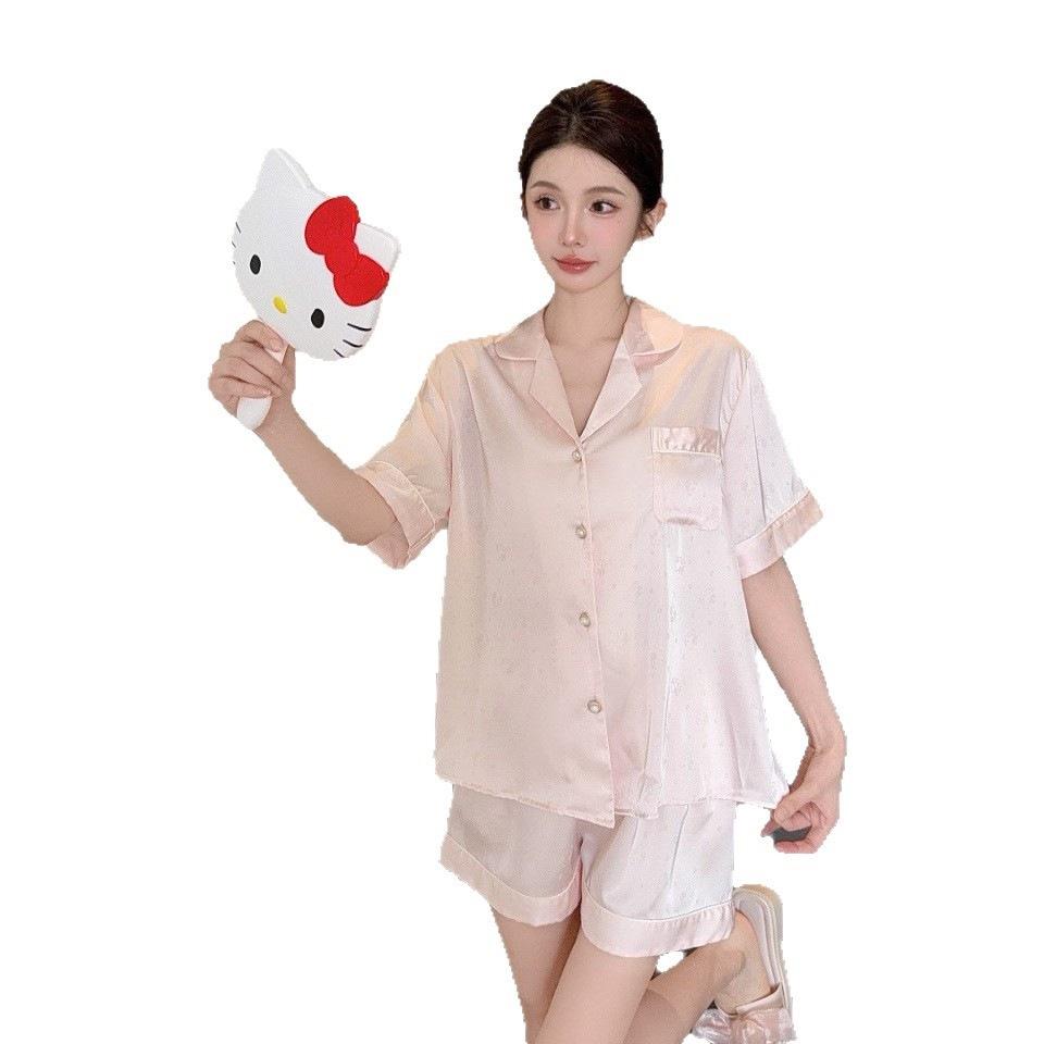 Summer New Short-sleeved Shorts Pajamas Women's Ice Silk Sweet Girl Cat Suit Loungewear Simple Imitation Silk Pajamas