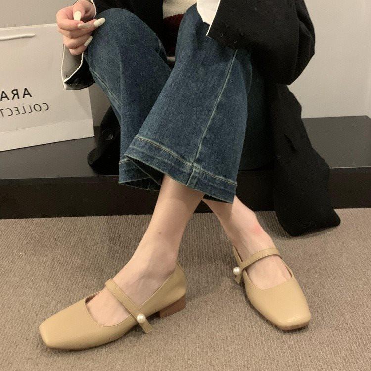 Soft-soled single shoes fairy fairy versatile French square head thick heel grandma shoe style with gentle wind shallow mouth evening shoes skirt
