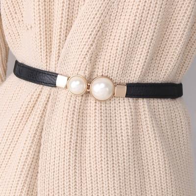 Frauen Doppel Perle Gürtel PU Leder Kleid Rock Taille Elastische Dünne Gürtel Damen Bund