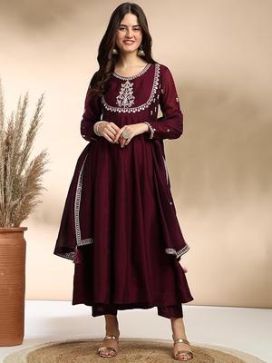 Women's Silk Embroidered Anarkali Kurta and Pant with Dupatta Set 3 Piece Ethnic Kurta Set