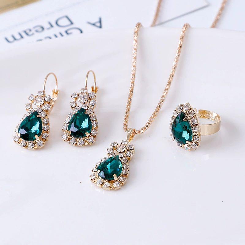 European Trendy Water Drop Jewelry Set: Necklace, Earrings, and Ring for Evening Parties