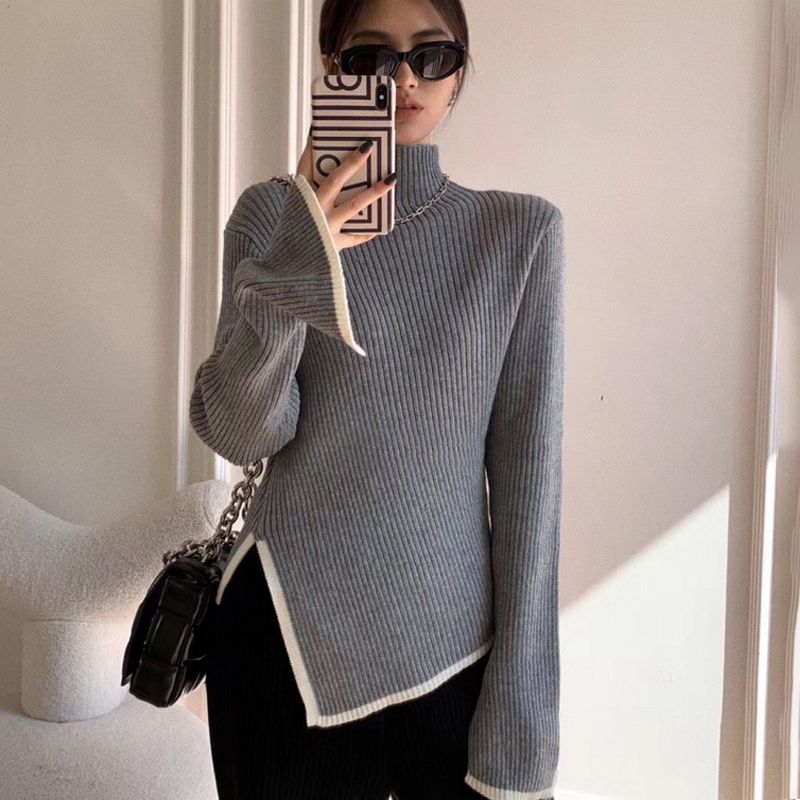 Autumn Elegant Sweater Women Korean Old Money Style Slim Contrast Color Jumper Autumn Winter Casual Knitwear Tops