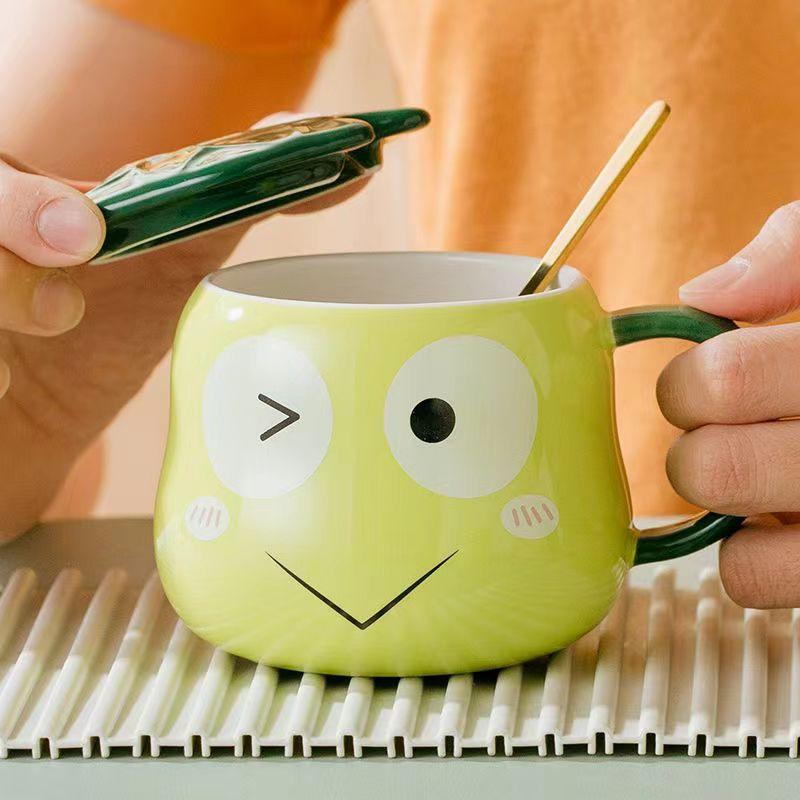 Kurbağa Kupa Seramik Lotus Yaprağı Kapaklı Kaşık, Yaratıcı Karikatür, Çocuk Sütü, Kahvaltı Kahve Kupası, İçecek Takımı Çay Kupası, 380ml