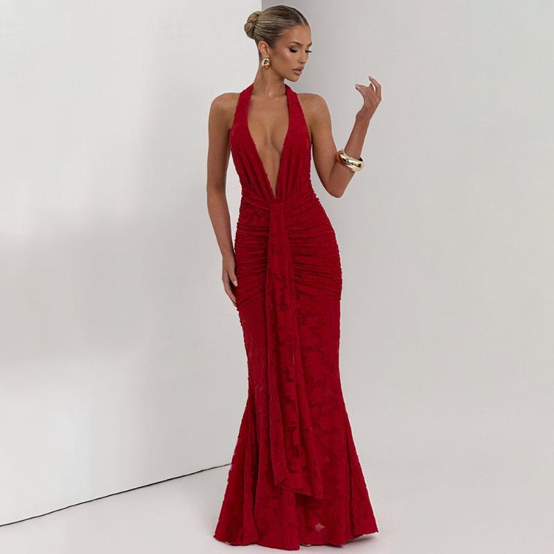 

2025 Deep V Backless Tie-Up Ruched Fishtail Dress for Women Small червоний