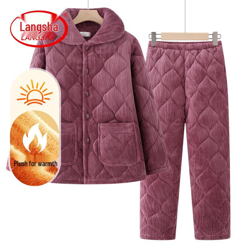 Langsha Elderly Women's Fleece-Lined Thermal Pajama Set