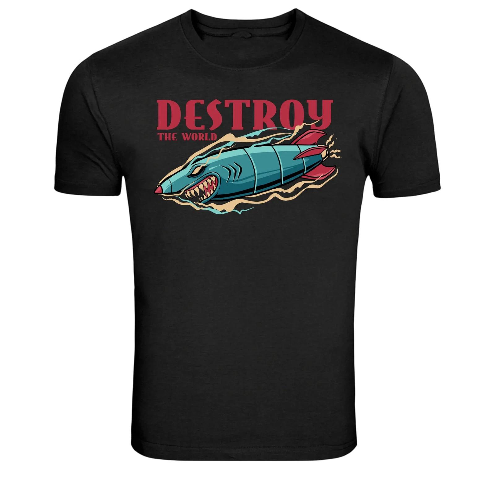 Destroy The World Shark Rocket Cartoon Graphic T-Shirt XS