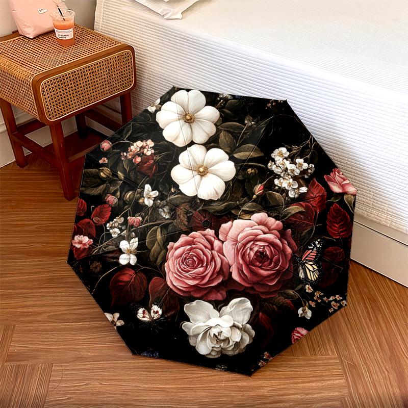 1 PC Automatic Folding Umbrella - Roses and Butterflies Pattern, Portable & Foldable Design with 8 Ribs, Christmas Birthday Gifts