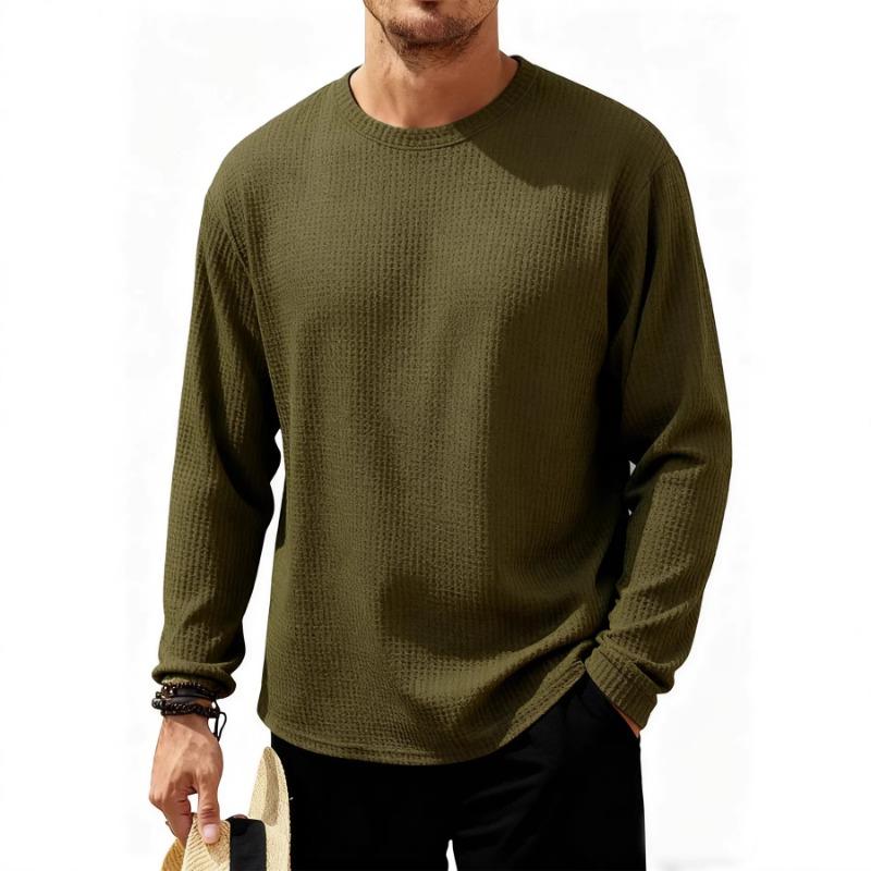 Men Waffle Knit Long Sleeve Crew Neck Casual T-Shirt