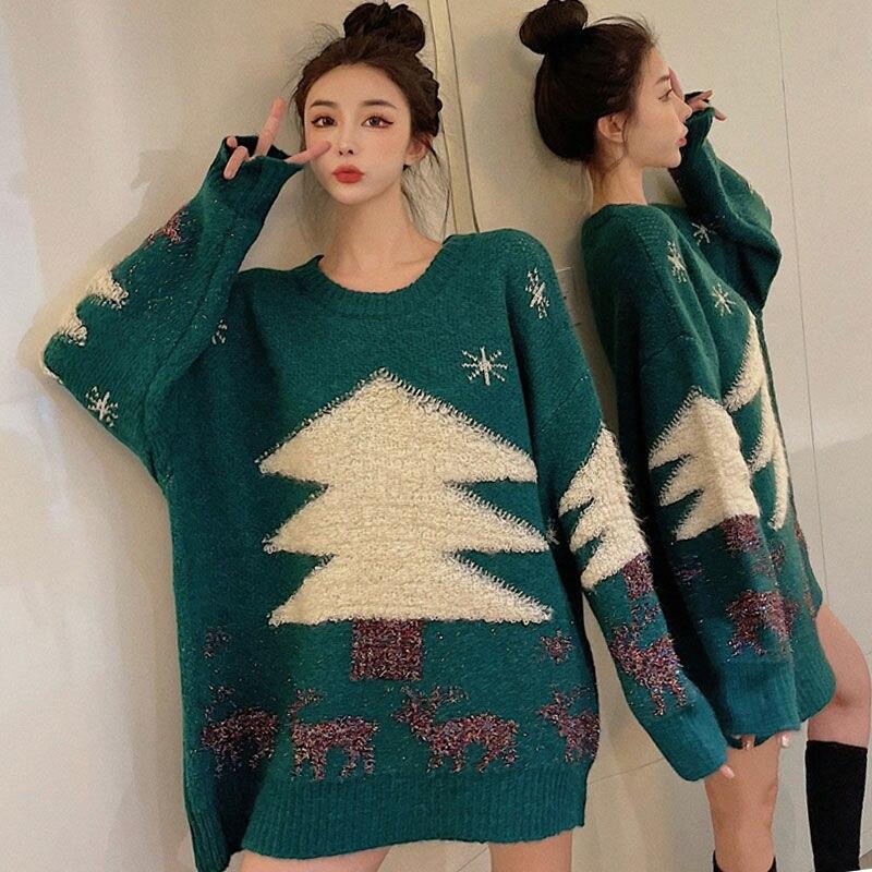 Korean Pullover Sweater Christmas Loose Slouchy Sweater Women Design Sense Versatile Long Sleeve Pullover Sweater Top Fashion