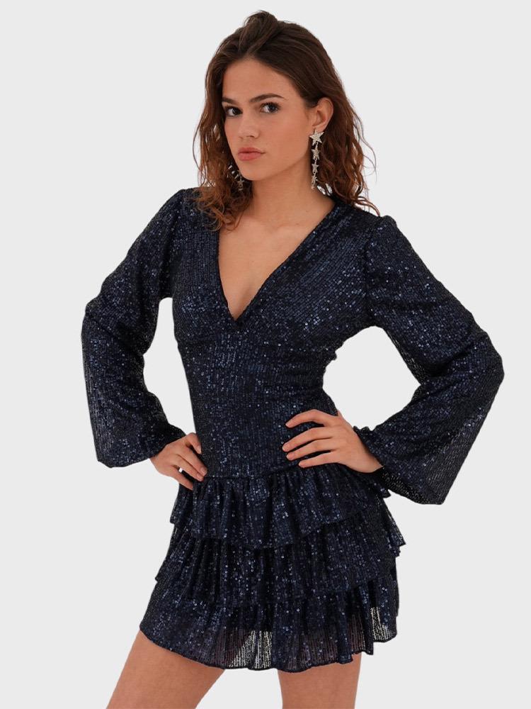2026 Spring/Summer Women s V-Neck Sequin Long Sleeve Dress with Multi-layer Hem Small синий