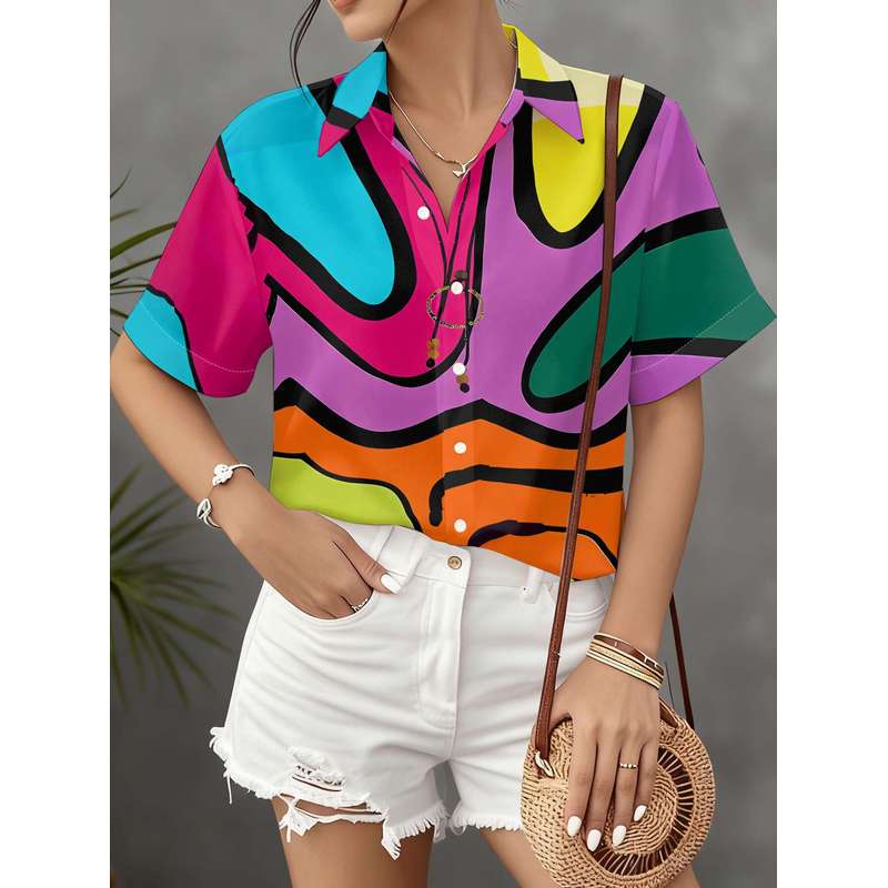 Women's Button Up Short Sleeve Shirt Color Block Graffiti Printed Top Versatile Casual Commuter Blouse Machine Washable