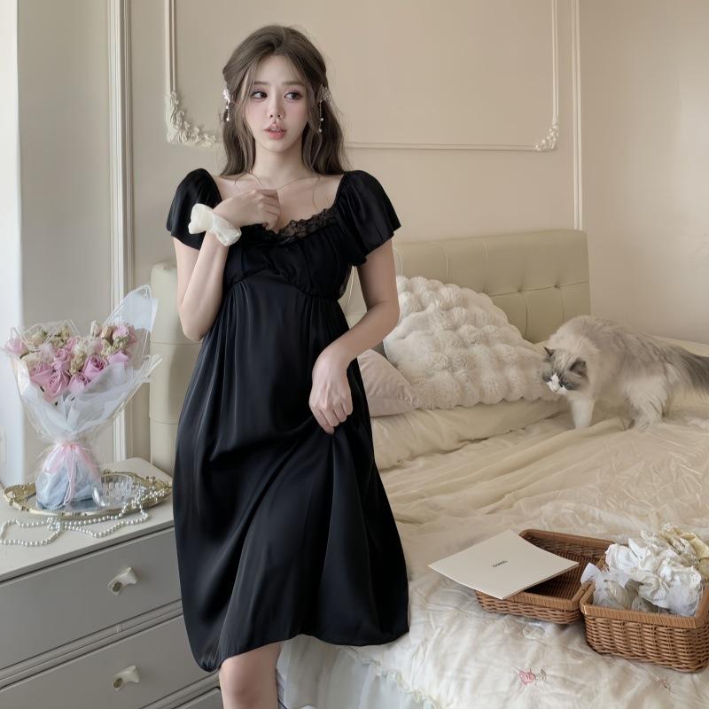 French nightdress summer long ice silk female short-sleeved nightdress fairy wind pajamas sweet and sexy loungewear with chest pad
