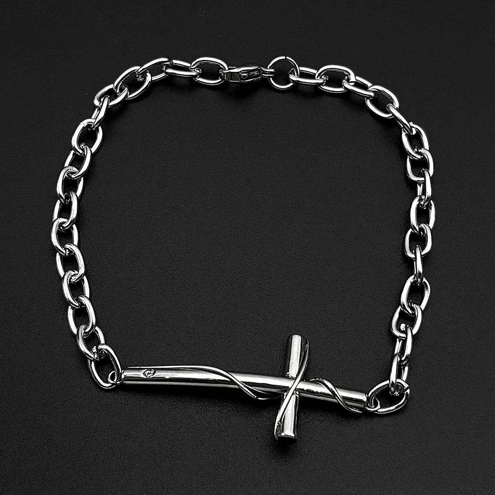 Christliches Ovales Gliederketten Kreuzarmband für Männer Frauen Edelstahl Silber Schwarz Farbe Handkette Religion Amulett Schmuck
