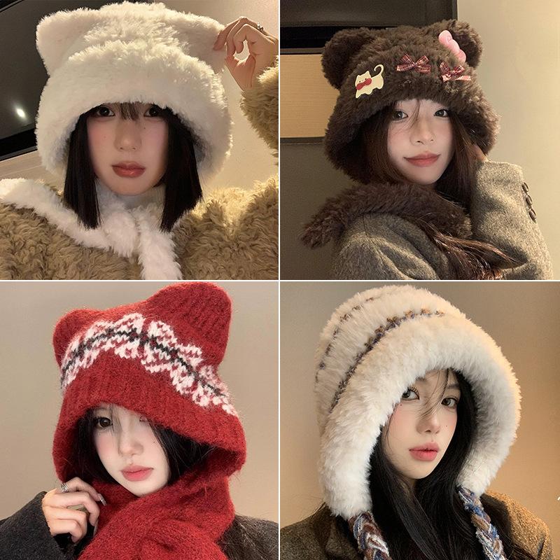 New winter white fluffy hat female bear ears warm ear protection plush hat big head circumference Lei Feng hat
