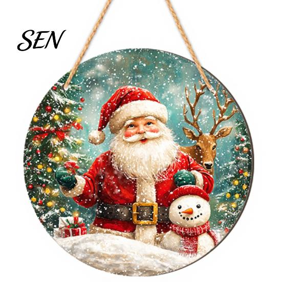 Festive Front Door Signs 2D Christmas Wooden Hanger Ornaments, Santa Snowman Reindeer Welcome Wall Xmas Hanging Decor Sign, Rustic Farmhouse