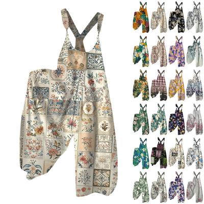 Geniş Bacak Tulum Kadınlar Için Rahat Gevşek Kolsuz Tulumlar Retro Baskı Metal Düğme Uzun Pantolon Romper Tulum Cepler Ile