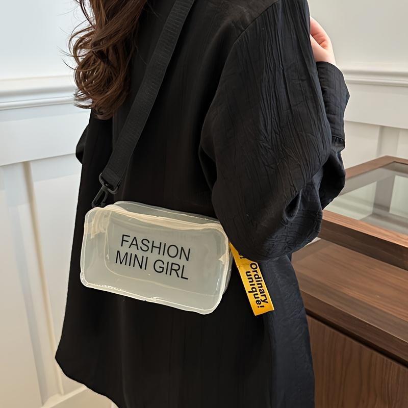 Trendy Jelly Handbag Fashion Letter Small Square Bag Transparent Jelly Bag Single Shoulder Handbag Simple Adjustable Strap Crossbody Bag