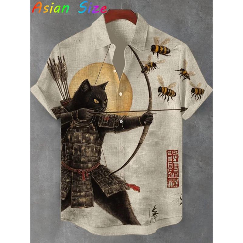Vintage Japanese Cat Archery Shirts Daily Men Women Street Polyester Retro Shirt Short Sleeve Loose Button Up Blouses Tops