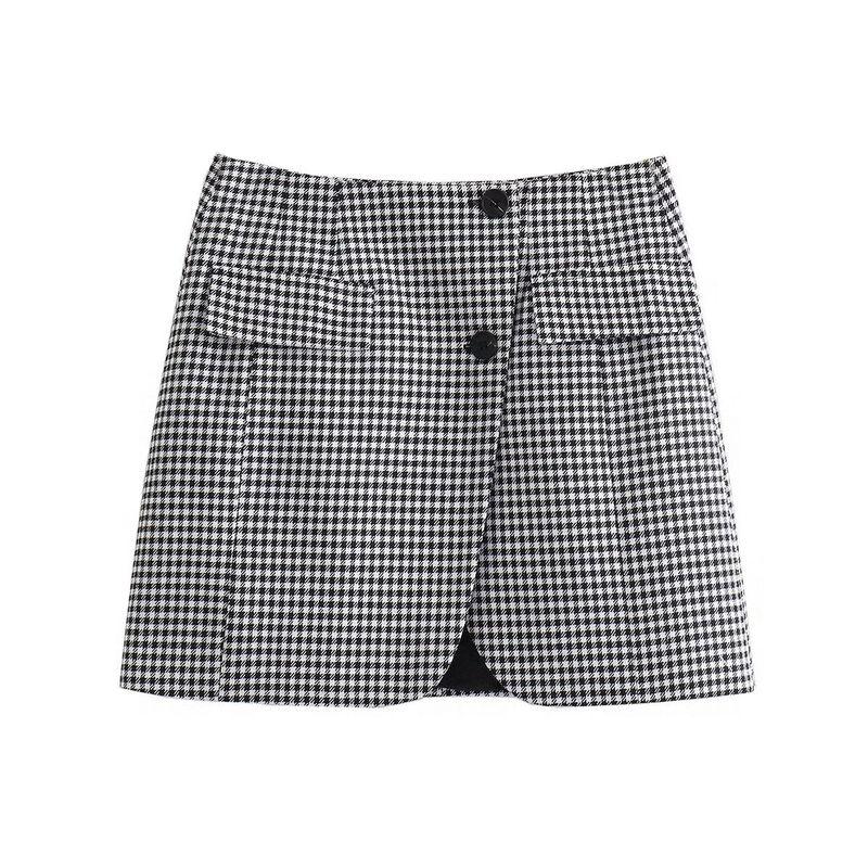 Spring NEW Set Women High Waist A Word Pocket Decoration Skirt One Button Short Houndstooth Blazers
