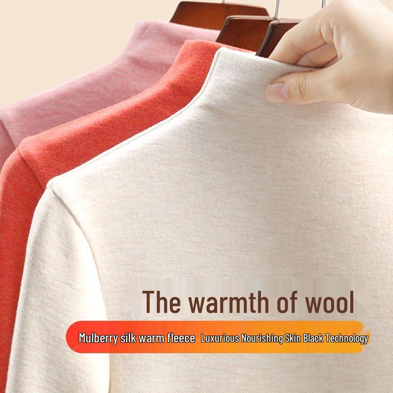 Women's Mulberry Silk Wool Fleece-Lined Warm Base Layer, Mid-High Neck, Autumn/Winter 2025 Collection