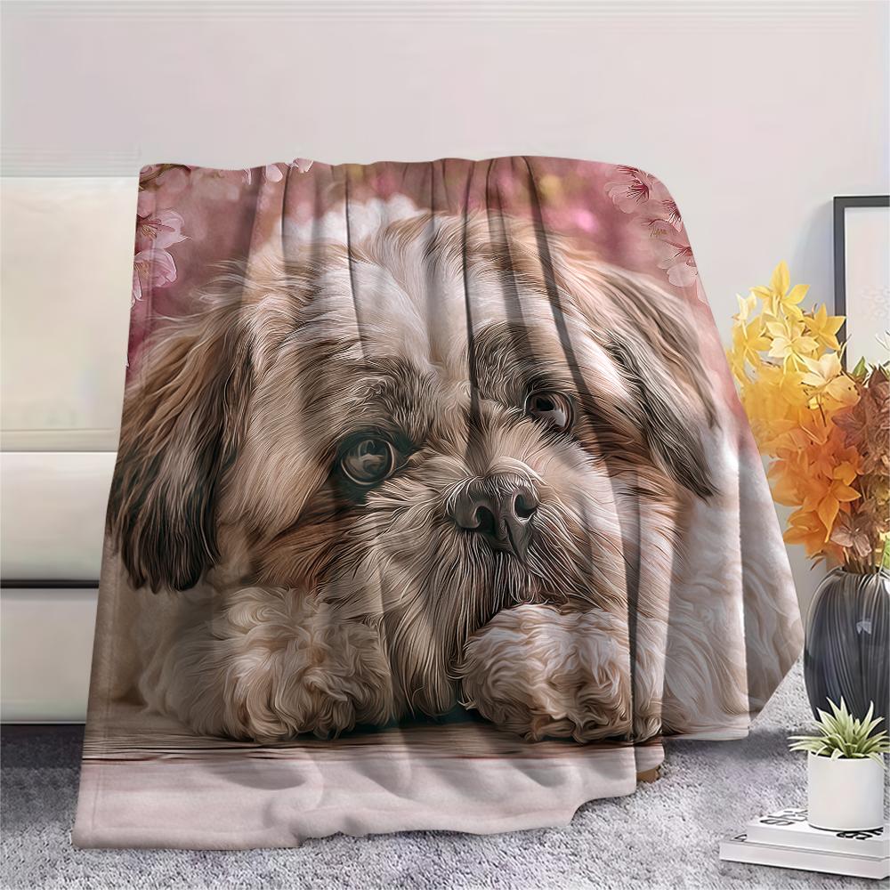 Cute Shih Tzu pattern Flannel Blanket, High quality Comfortable for All Seasons, Home Decor, Warmth and Comfort, Perfect for Gifts.