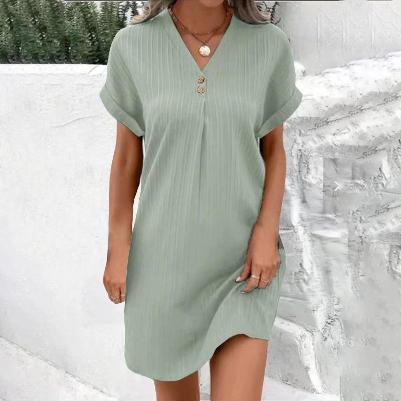 V-neck Solid Color Pullover Comfortable Casual Button Up Dress