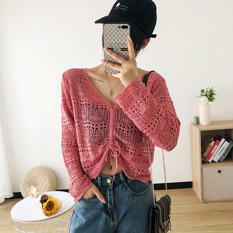 

Женский вязаный крючком ажурный укороченный топ с длинными рукавами свитер с сетчатыми накидками кардиган с V-образным вырезом уличный свитер One Size розовый