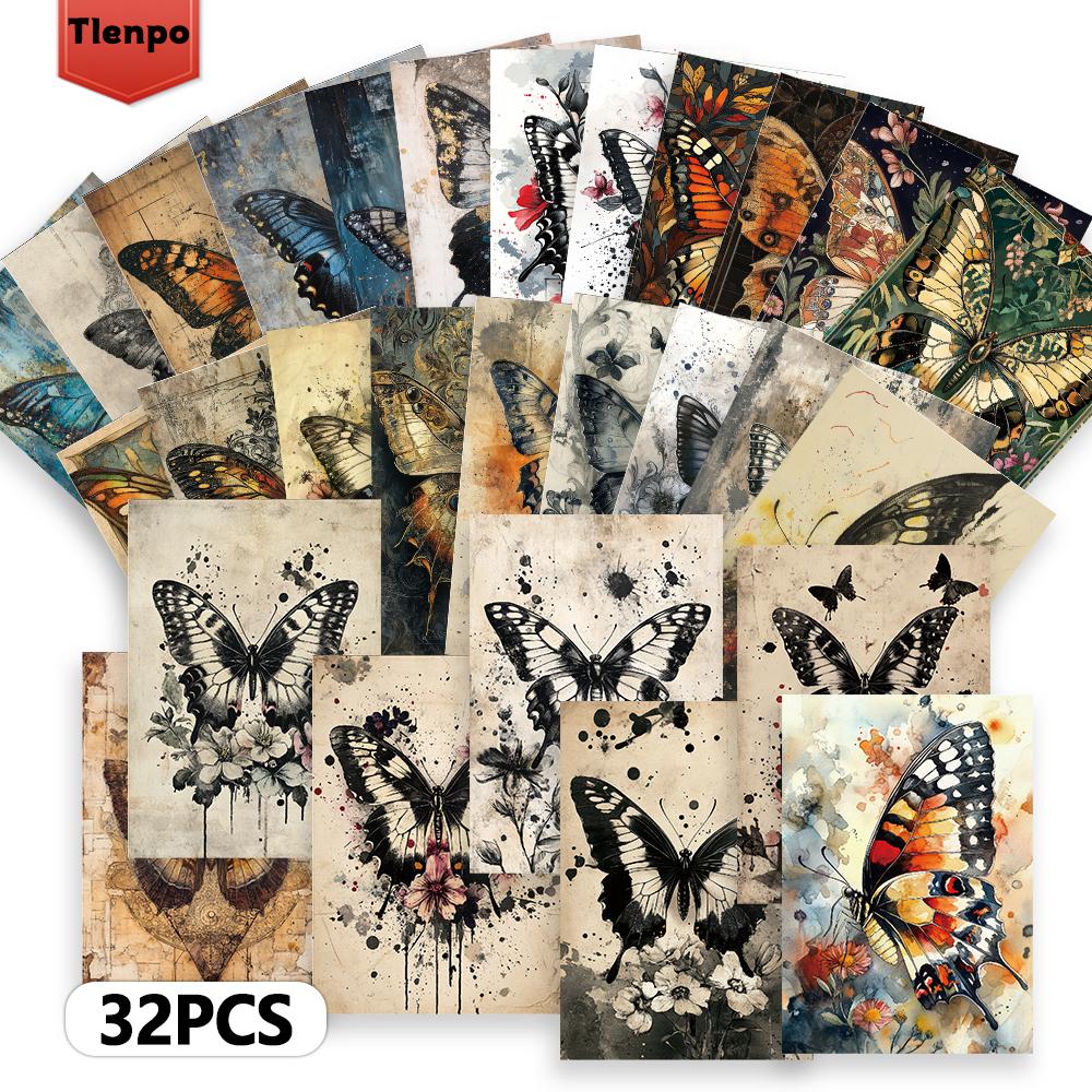 32pcs, Retro Butterfly Series Postcards, Butterfly Specimens, Dark Style, Wall Decorations, for Mailing and Collection