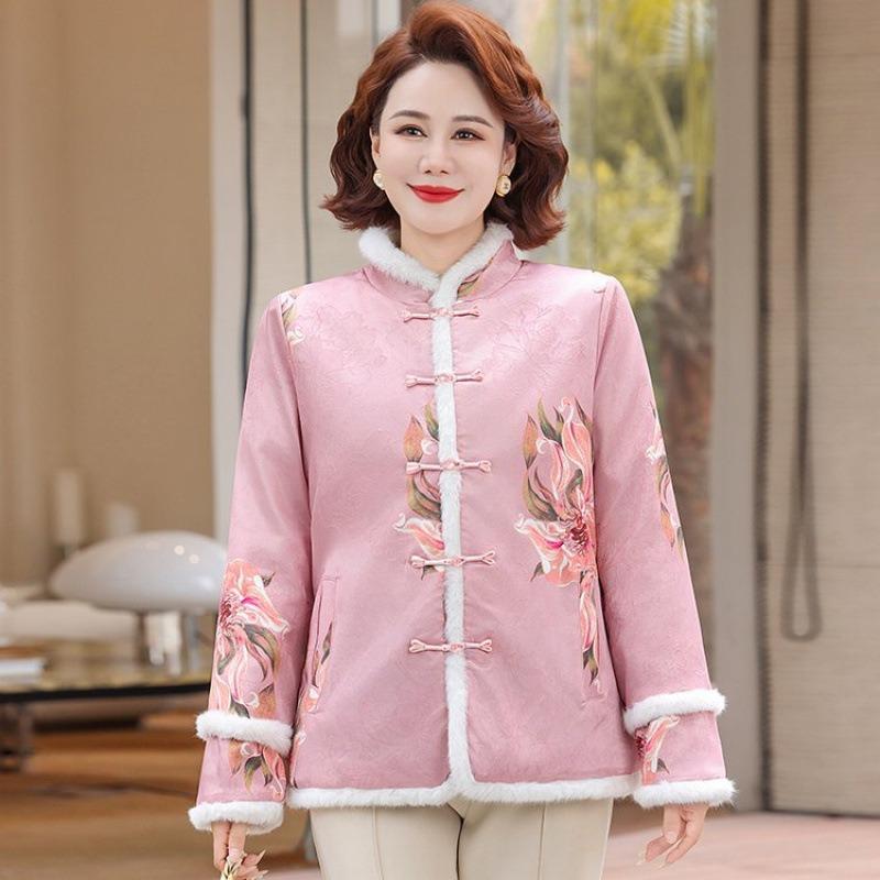 

Women s velvet new cotton-padded coat printed jacket retro disc-buckled winter warm cotton-padded jacket thickened cotton-padded jacket 5XL [recommended 150-80kg] розовый
