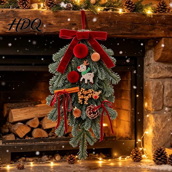 Natural Look Door Decoration Christmas Artificial Garland with Pinecones Cinnamon And Red Bows Decorative Wreath Hanging Rustic Pinecone Pendants for