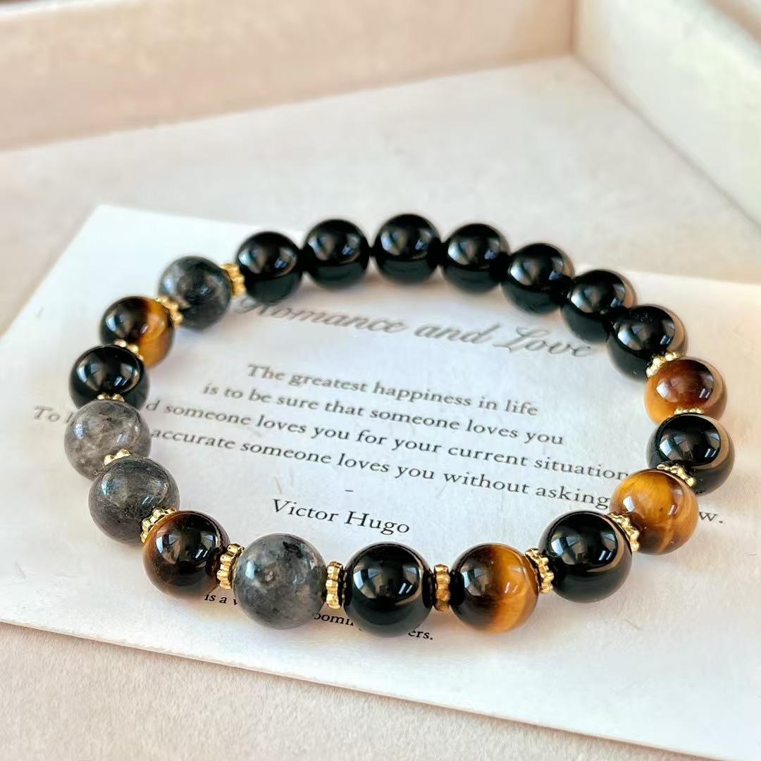 Vintage Maillard Wind Natural Tiger S Eye Stone Black Agate Map Stone Niche Bracelet