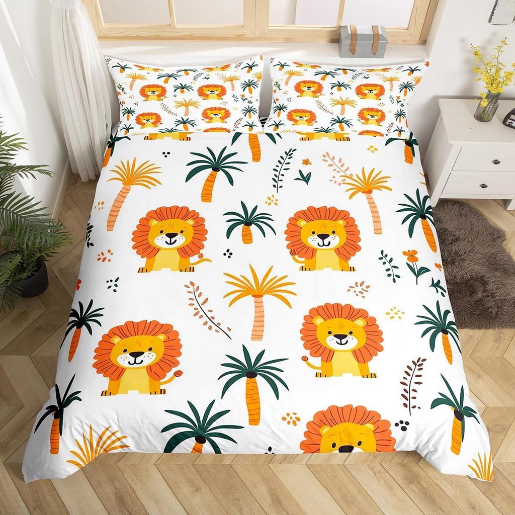 Kawaii Lion Duvet Cover Set Twin King For Kids Boys Girls Cartoon Animal Bedding Set Microfiber Wild Animals Theme Quilt Cover
