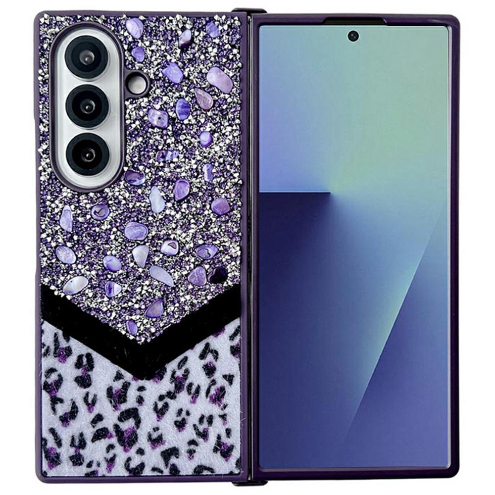 For Samsung Galaxy Z Fold7 5G Case Stone Decor Glitter Leopard Splicing Plush PC Phone Cover