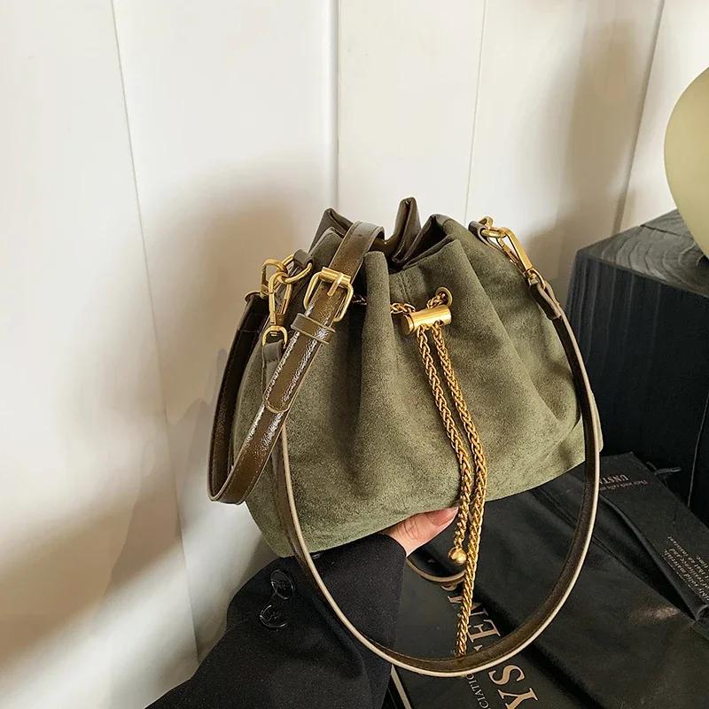 Soft Solid Faux Suede Simple Commuting Crossbody Bags Sewing Sweet Bags for Women Thread String Women's Handbags