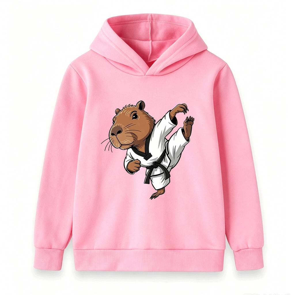 Kids Boys Girls Hoodie, Cute Capybara Taekwondo Karate Print Casual Pullover Sweatshirt for Children Daily Wear