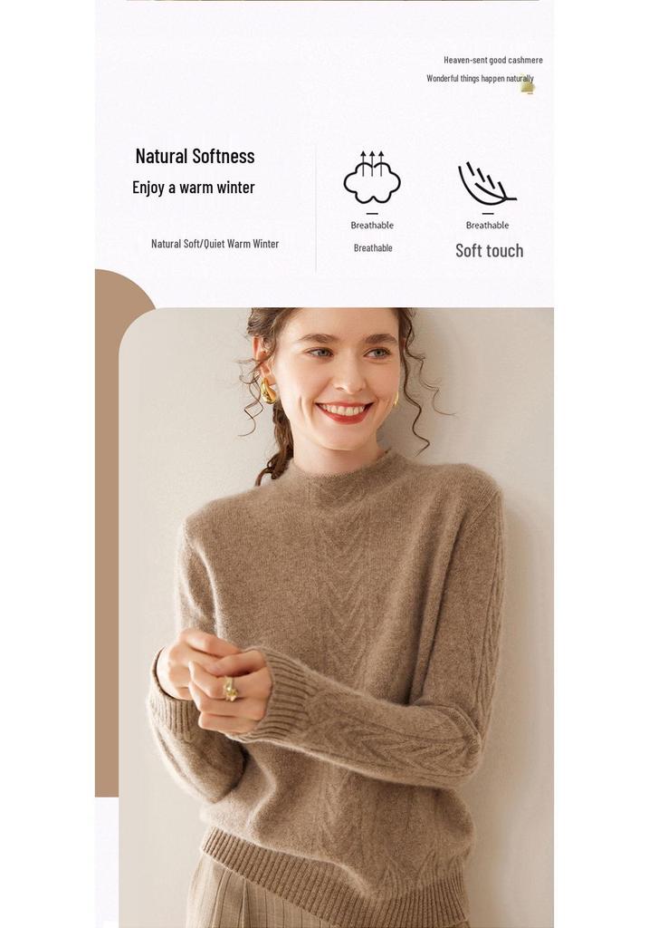 Women's Cable Knit Cashmere Pullover with Built-in Stand-up Collar Base Layer Sweater
