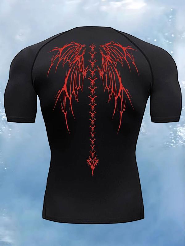 Skull Wings Print Men's Summer Fitness Running Short Sleeve Compression Sports Quick-Drying T-Shirt Short Sleeve Sports Top
