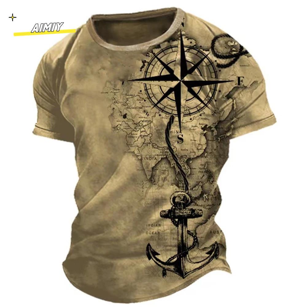 Vintage Summer Compass Pattern 3D Printed Short-sleeve Men's T-shirts Loose Daily Men Clothing Casual Streetwear