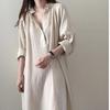 Korean Chic Loose Lazy Style Niche Cotton Linen Shirt Dress Women's Mid-Length V-Neck Knee-Length White Dress