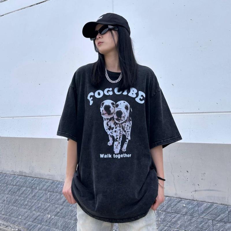 

Korean Retro Cartoon Print Women s Cotton Short Sleeve Mid-Length T-Shirt XXL промывают черный