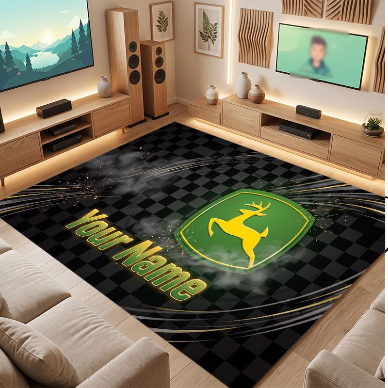 John Deere Personalisierter Kristall-Samt-Teppich, Benutzerdefinierter Namens-Text Weicher Anti-Rutsch-Teppich für Wohnzimmer Schlafzimmer