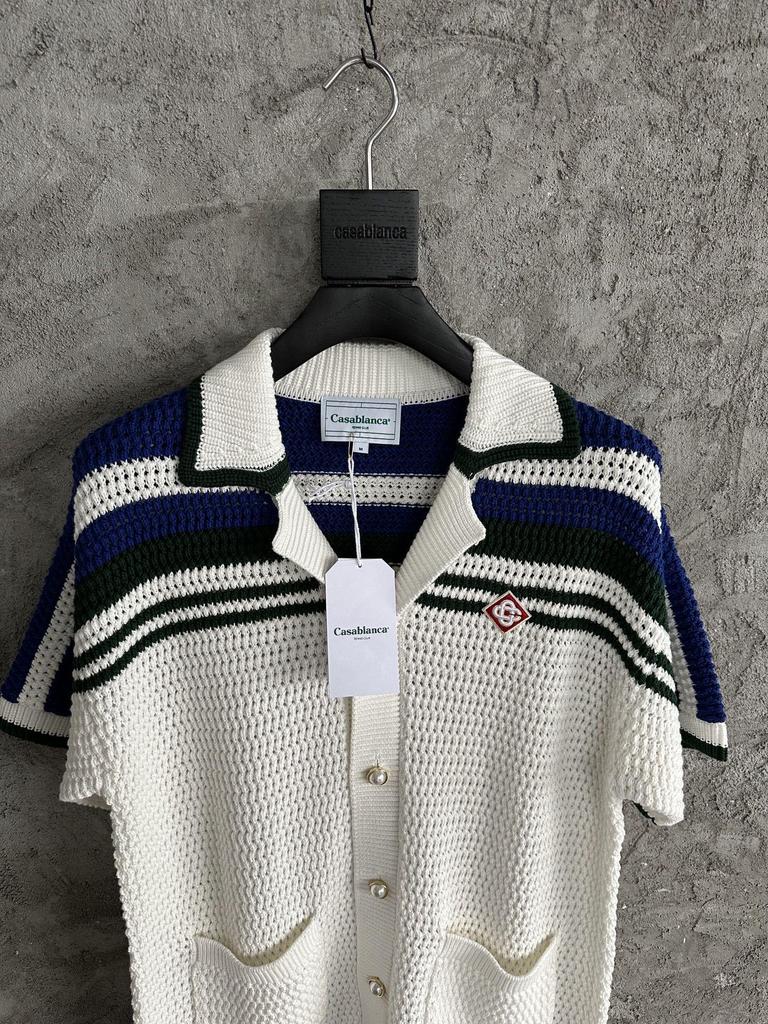 Skladem CASABLANCA Modrý pruhovaný Ručně pletený Svetr Cardigan z Čisté Bavlny