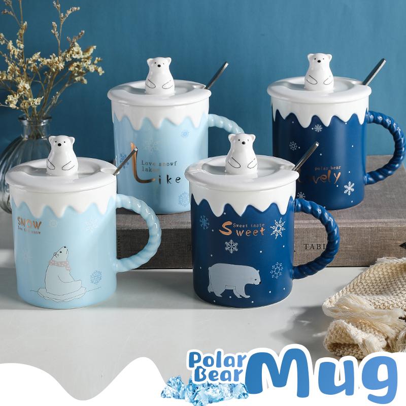 Cute Polar Bear Ceramic Mug With Lid Spoon Coffee Cups Creative Drinkware Coffee Tea Milk Cup Gifts