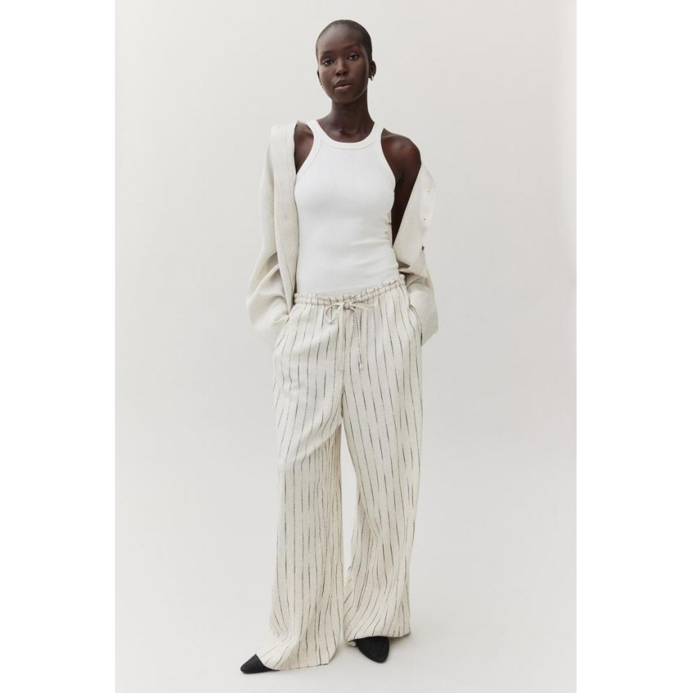 

H M Linen Blend Wide Pants Light Beige Stripe