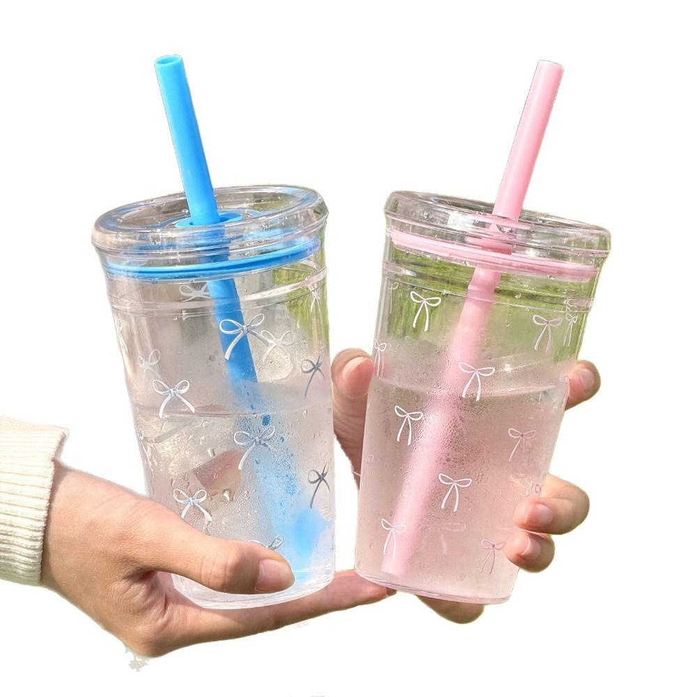 Plastic Cold Drinking Cup Bowknot Pattern Car Tumbler Cup Simple Coffee Cup  for Students